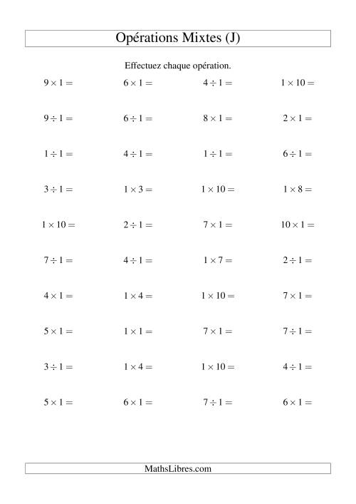 Multiplication et division -- Règles de 1 (variation 1 à 10) (J)