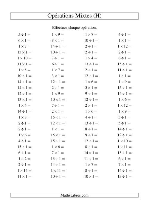 Multiplication et division -- Règles de 1 (variation 1 à 15) (H)