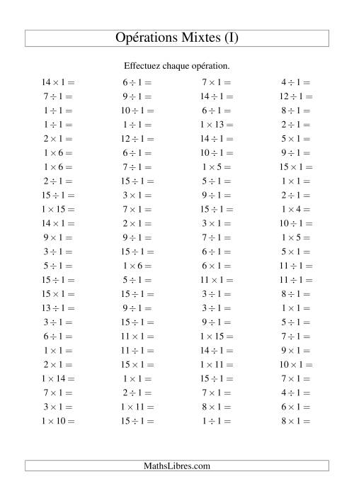 Multiplication et division -- Règles de 1 (variation 1 à 15) (I)