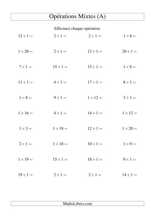 Multiplication et division -- Règles de 1 (variation 1 à 20) (A)