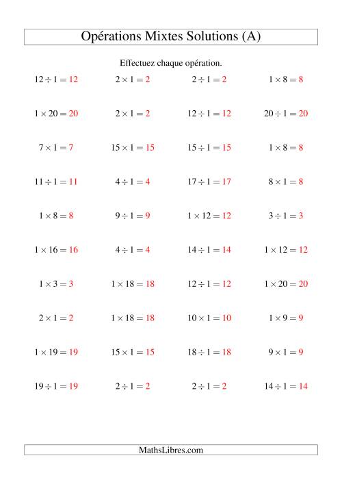 Multiplication et division -- Règles de 1 (variation 1 à 20) (A) page 2