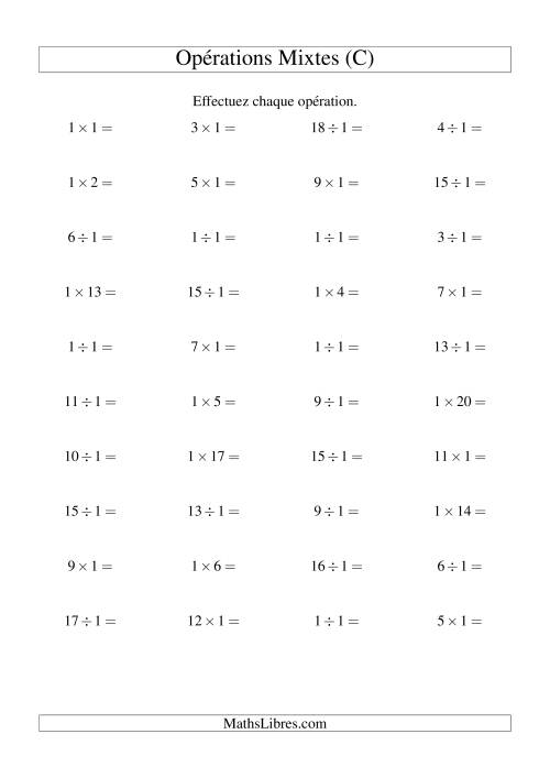 Multiplication et division -- Règles de 1 (variation 1 à 20) (C)