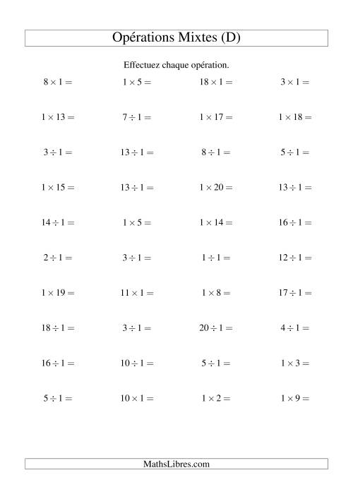 Multiplication et division -- Règles de 1 (variation 1 à 20) (D)
