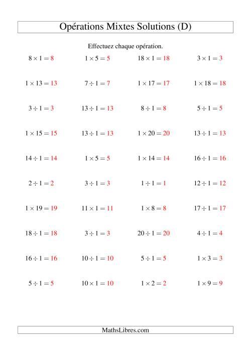 Multiplication et division -- Règles de 1 (variation 1 à 20) (D) page 2