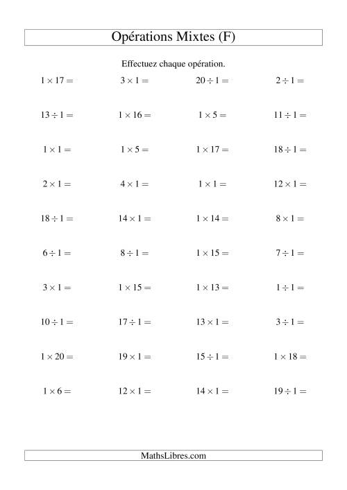 Multiplication et division -- Règles de 1 (variation 1 à 20) (F)