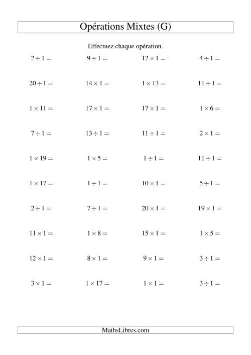 Multiplication et division -- Règles de 1 (variation 1 à 20) (G)