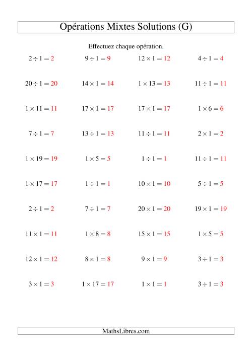 Multiplication et division -- Règles de 1 (variation 1 à 20) (G) page 2