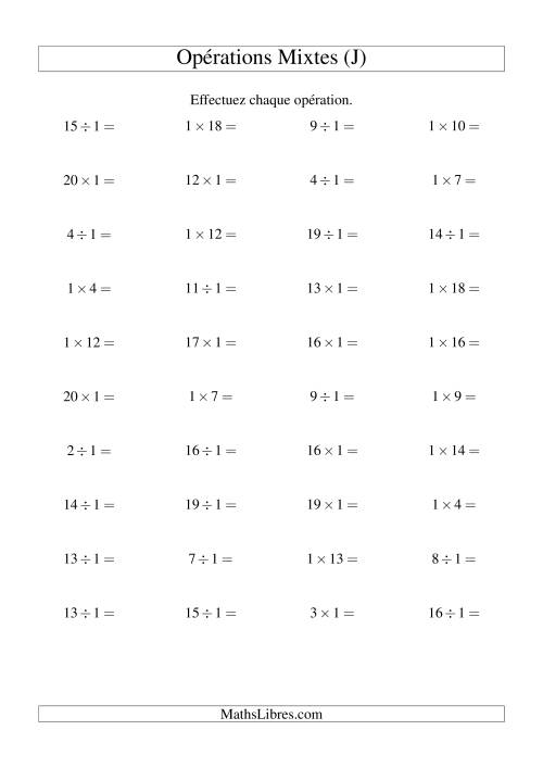 Multiplication et division -- Règles de 1 (variation 1 à 20) (J)