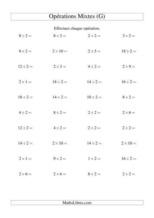 Multiplication et division -- Règles de 2 (variation 1 à 10) (G)