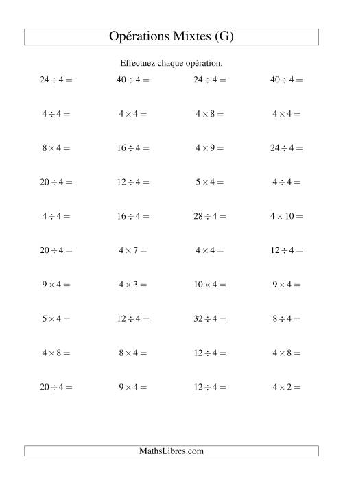 Multiplication et division -- Règles de 4 (variation 1 à 10) (G)