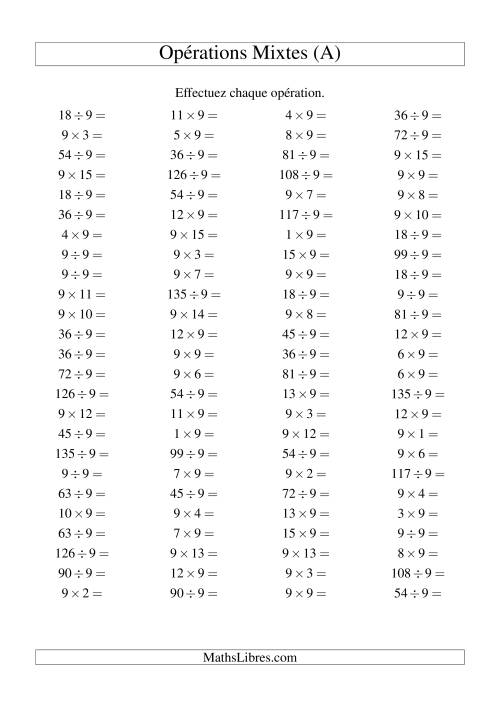 Multiplication et division -- Règles de 9 (variation 1 à 15) (A)