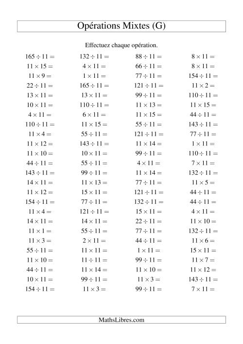 Multiplication et division -- Règles de 11 (variation 1 à 15) (G)