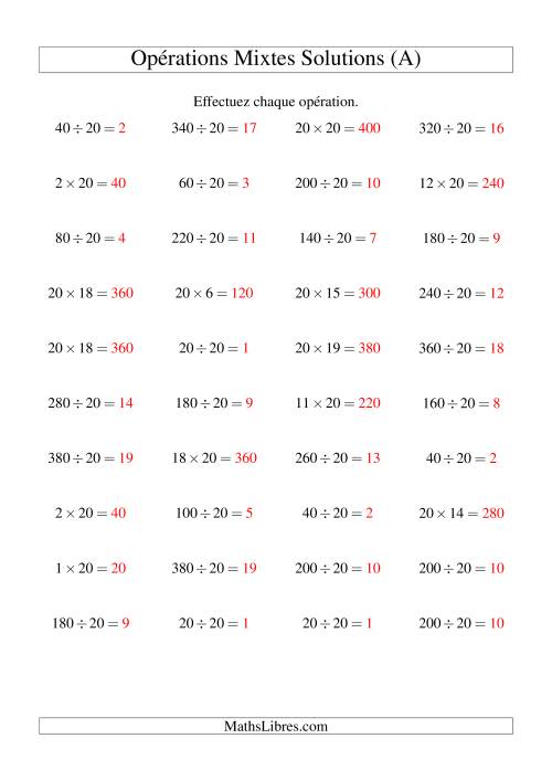 Multiplication et Division -- Règles de 20 (Variation 1 à 20) (A) page 2