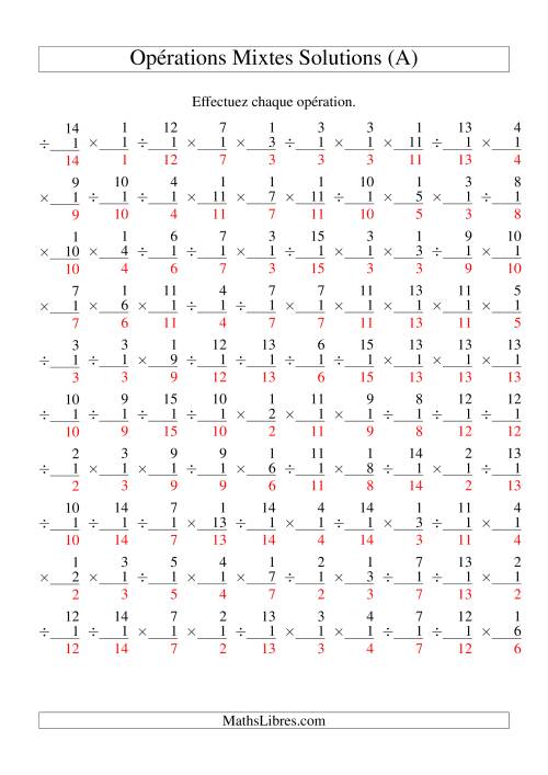 Multiplication et Division -- Règles de 1 (Variation 1 à 15) (A) page 2