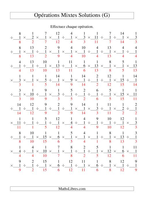 Multiplication et Division -- Règles de 1 (Variation 1 à 15) (G) page 2
