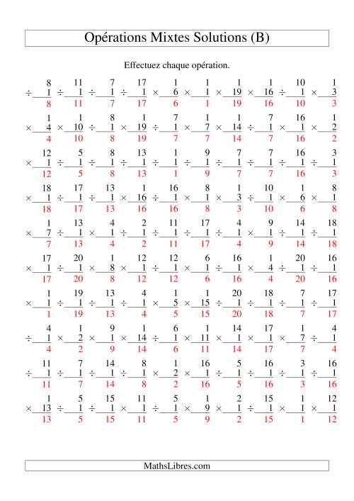 Multiplication et Division -- Règles de 1 (Variation 1 à 20) (B) page 2