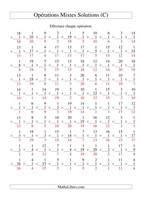 Multiplication et Division -- Règles de 1 (Variation 1 à 20) (C) page 2