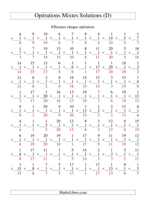Multiplication et Division -- Règles de 1 (Variation 1 à 20) (D) page 2