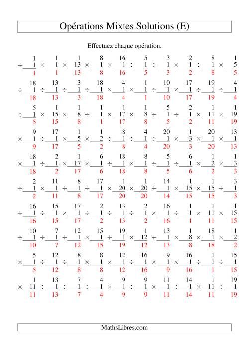 Multiplication et Division -- Règles de 1 (Variation 1 à 20) (E) page 2