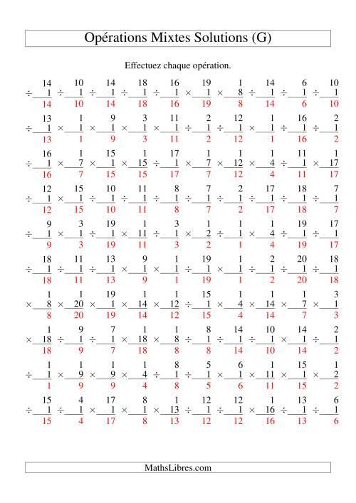 Multiplication et Division -- Règles de 1 (Variation 1 à 20) (G) page 2