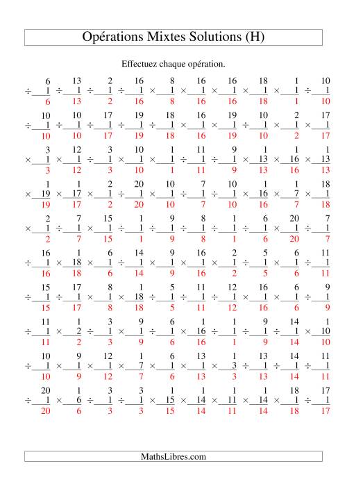 Multiplication et Division -- Règles de 1 (Variation 1 à 20) (H) page 2