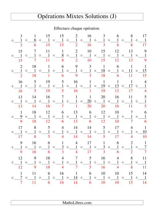 Multiplication et Division -- Règles de 1 (Variation 1 à 20) (J) page 2