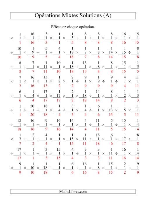 Multiplication et Division -- Règles de 1 (Variation 1 à 20) (Tout) page 2