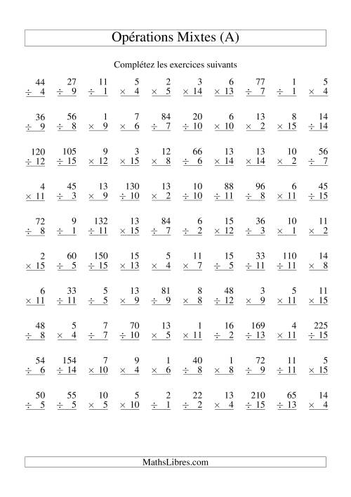 Multiplication et Division -- Variation 1 à 15 (A)