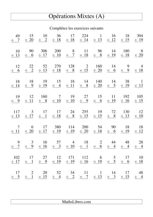 Multiplication et Division -- Variation 1 à 20 (A)