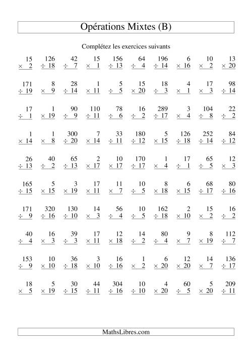 Multiplication et Division -- Variation 1 à 20 (B)