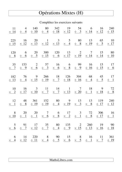 Multiplication et Division -- Variation 1 à 20 (H)