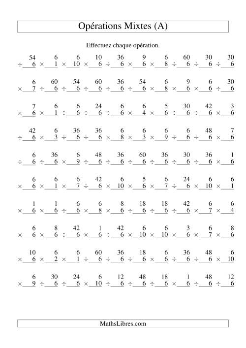 Multiplication et Division -- Règles de 6 (Variation 1 à 10) (A) Fiche d'Exercices Opérations Mixtes