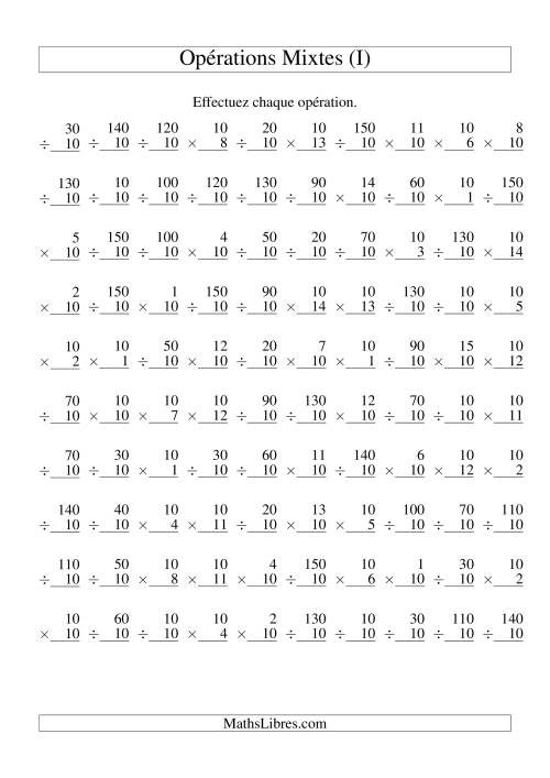 Multiplication et Division -- Règles de 10 (Variation 1 à 15) (I)