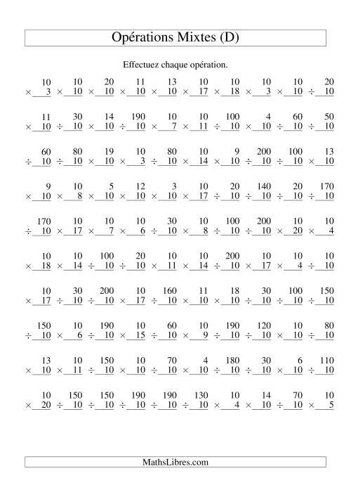 Multiplication et Division -- Règles de 10 (Variation 1 à 20) (D)