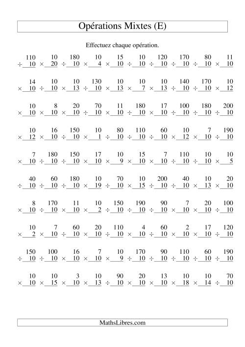 Multiplication et Division -- Règles de 10 (Variation 1 à 20) (E)
