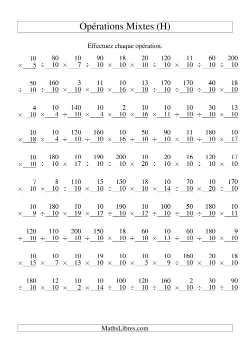 Multiplication et Division -- Règles de 10 (Variation 1 à 20) (H)