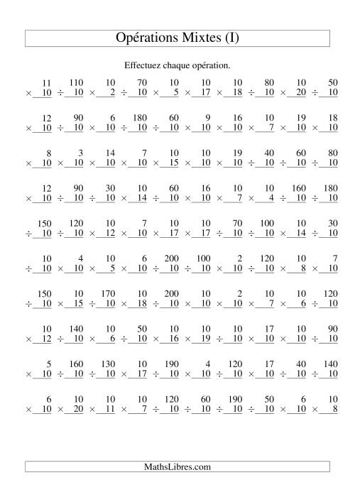 Multiplication et Division -- Règles de 10 (Variation 1 à 20) (I)