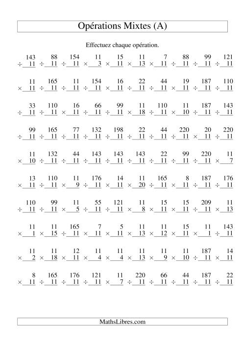 Multiplication et Division -- Règles de 11 (Variation 1 à 20) (A)