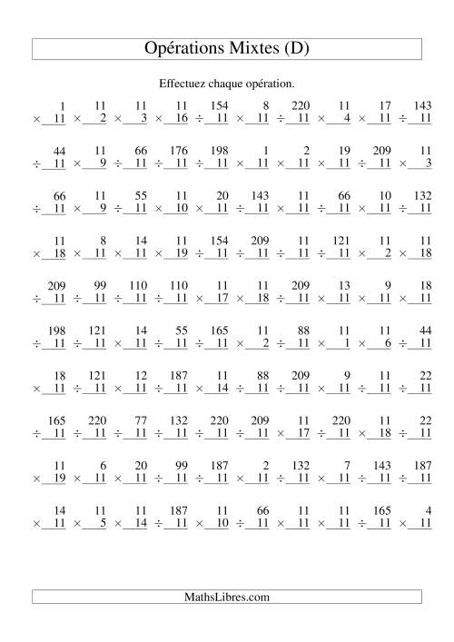 Multiplication et Division -- Règles de 11 (Variation 1 à 20) (D)