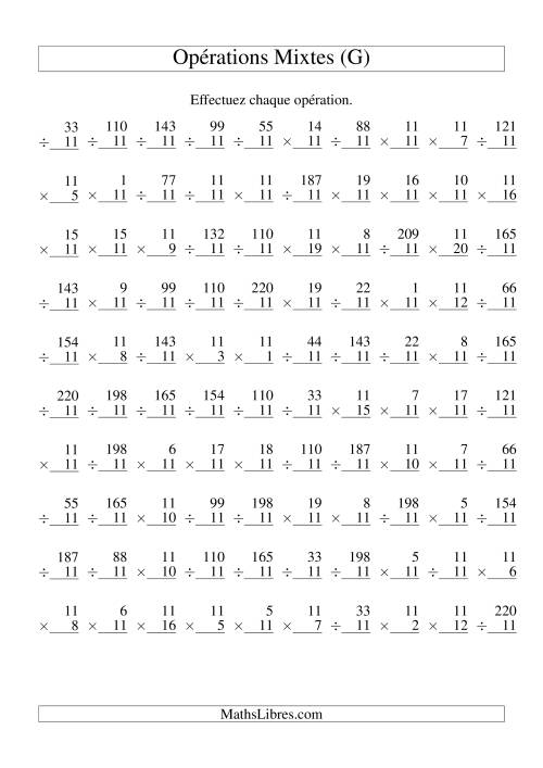 Multiplication et Division -- Règles de 11 (Variation 1 à 20) (G)