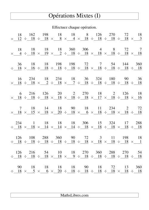 Multiplication et Division -- Règles de 18 (Variation 1 à 20) (I)