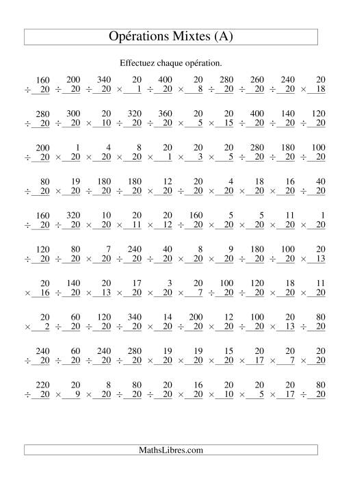 Multiplication et Division -- Règles de 20 (Variation 1 à 20) (A)