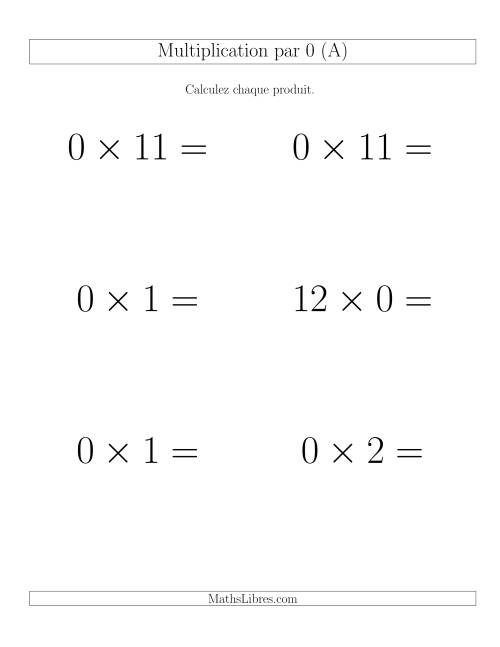 Règles de Multiplication Individuelles -- Multiplication par 0 -- Variation 0 à 12 (GP)
