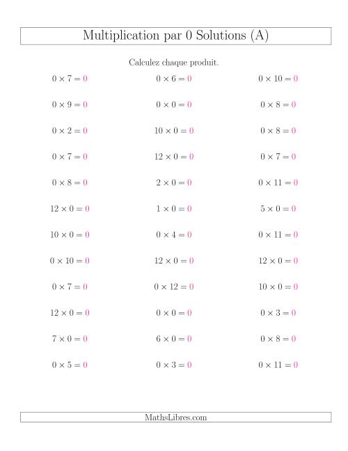 Règles de Multiplication Individuelles -- Multiplication par 0 -- Variation 0 à 12 (A) page 2