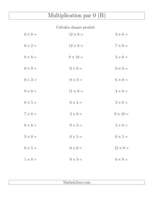Règles de Multiplication Individuelles -- Multiplication par 0 -- Variation 0 à 12 (B)