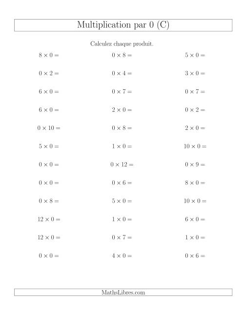 Règles de Multiplication Individuelles -- Multiplication par 0 -- Variation 0 à 12 (C)