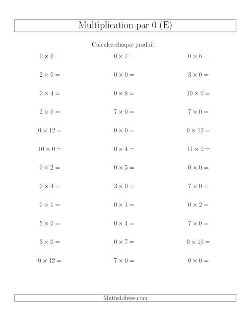 Règles de Multiplication Individuelles -- Multiplication par 0 -- Variation 0 à 12 (E)