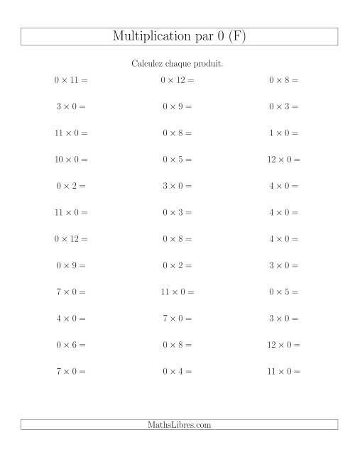 Règles de Multiplication Individuelles -- Multiplication par 0 -- Variation 0 à 12 (F)