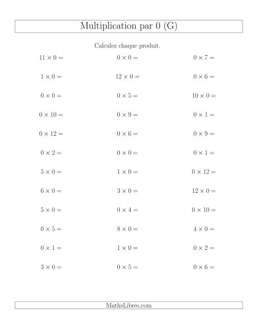 Règles de Multiplication Individuelles -- Multiplication par 0 -- Variation 0 à 12 (G)