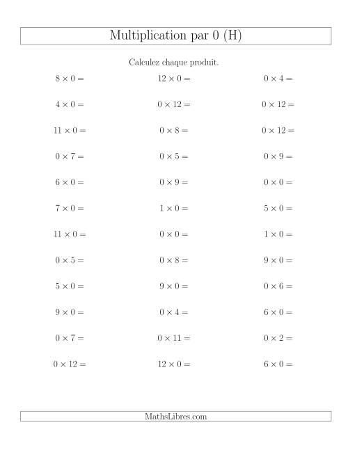 Règles de Multiplication Individuelles -- Multiplication par 0 -- Variation 0 à 12 (H)